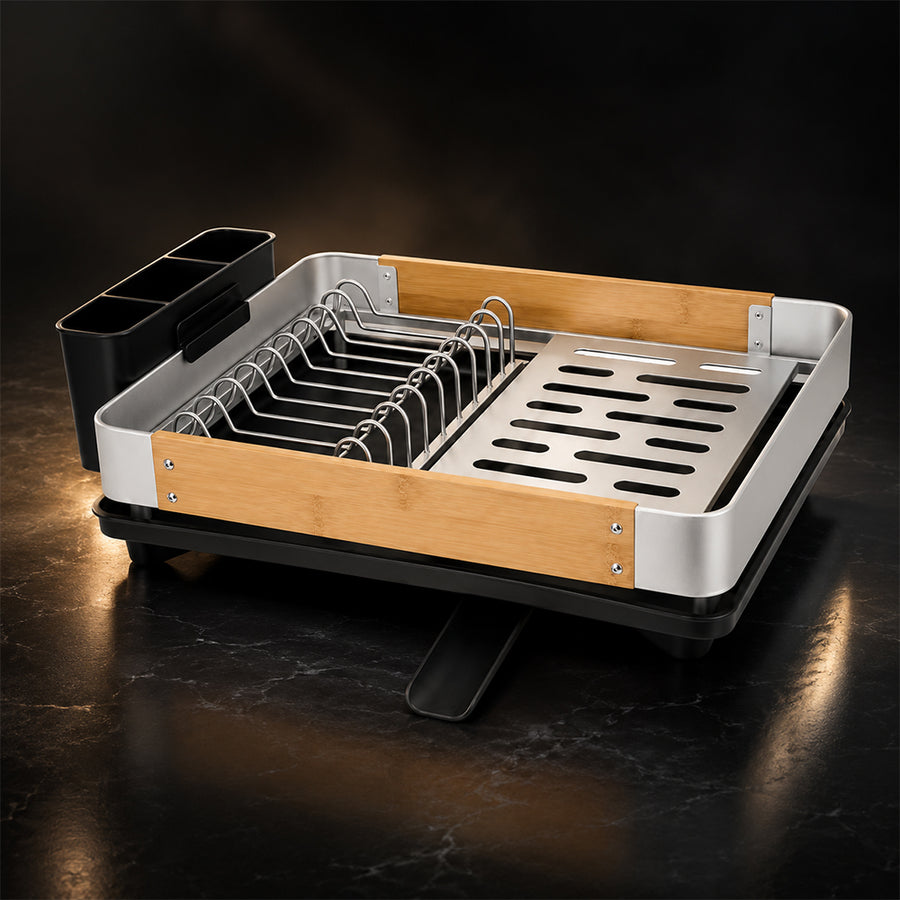 Aluminium Dish Drainer Rack with Wooden Side Panels & Utensil Holder
