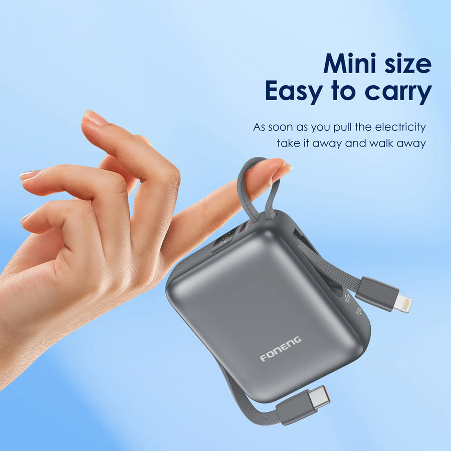 FONENG 10000mAh 22.5W Mini Fast Charging Power Bank with 2 Built-In Cables