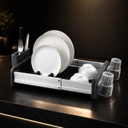 Extendable Stainless Steel Dish Drying Rack with Cup & Cutlery Holders