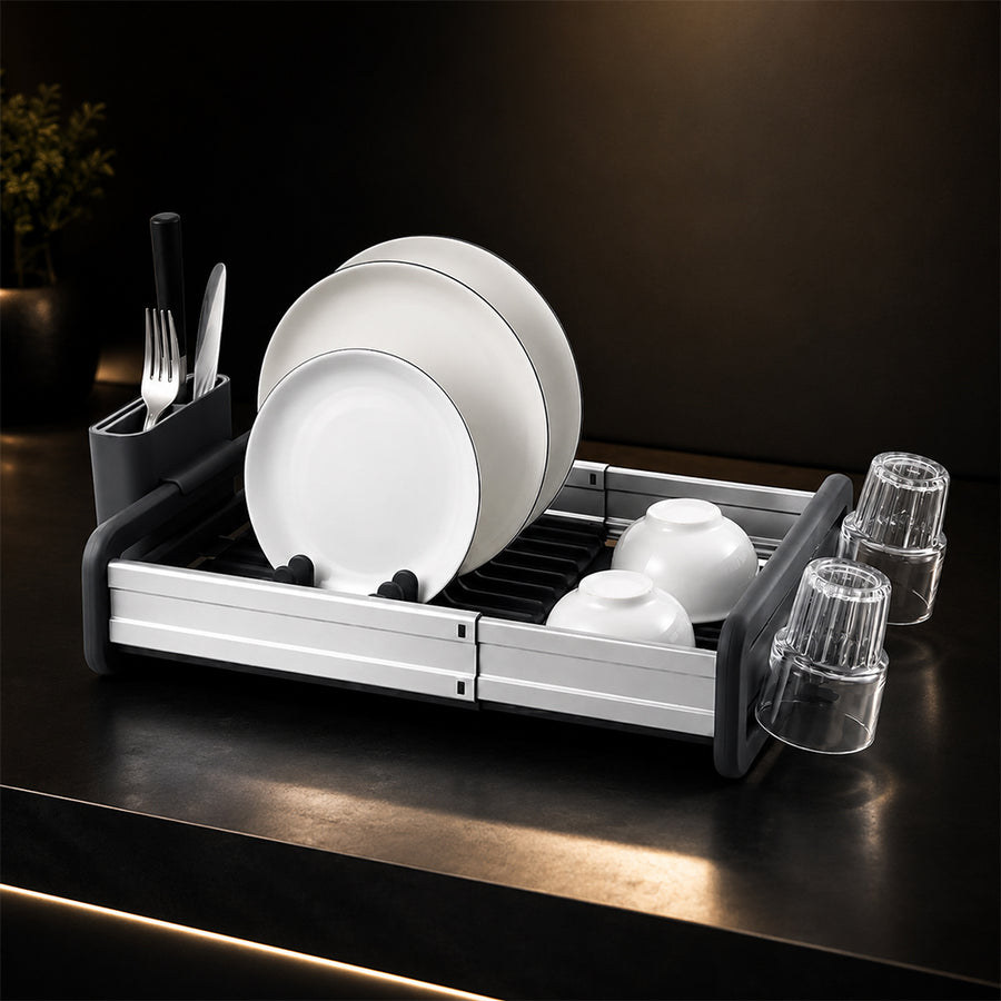 Extendable Stainless Steel Dish Drying Rack with Cup & Cutlery Holders