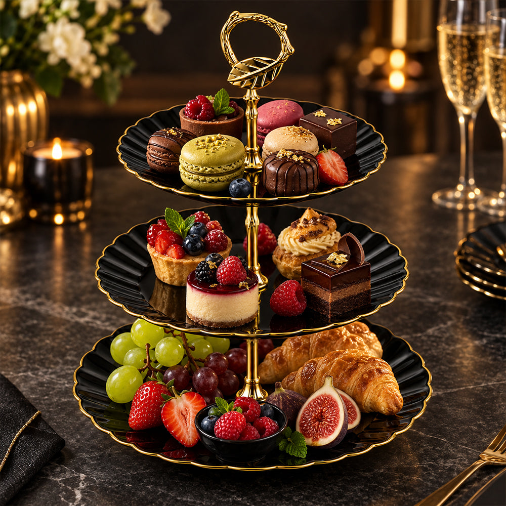 3-Tier Opal Glass Dessert Serving Stand with Gold Rim - Black, 10 Inch