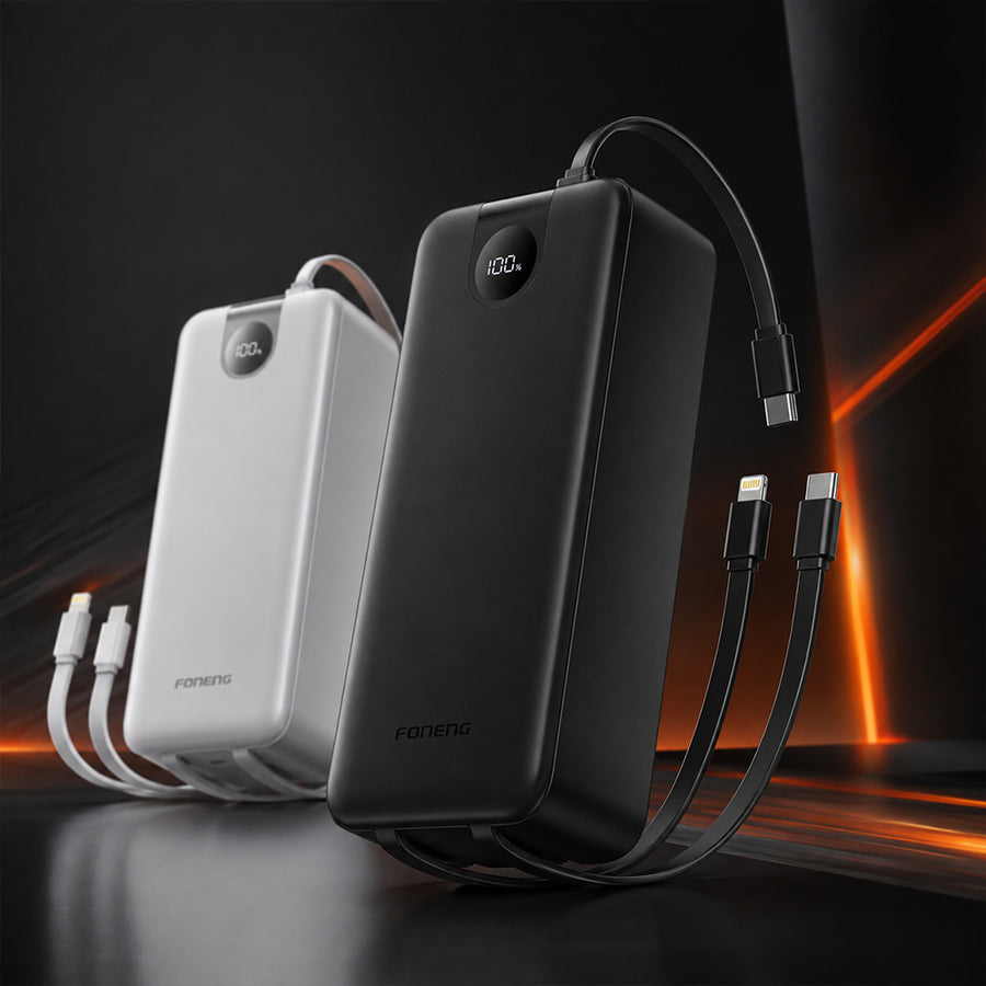 FONENG 30000mAh 22.5W Fast Charging Power Bank with 3 Built-In Cables