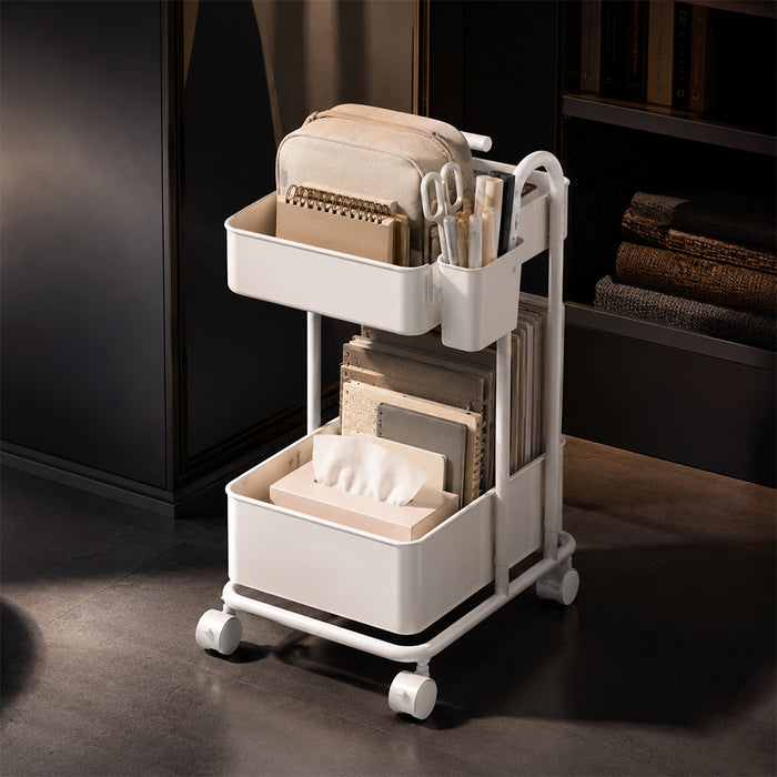 2-Tier Rolling Storage Trolley with Side Holder - White