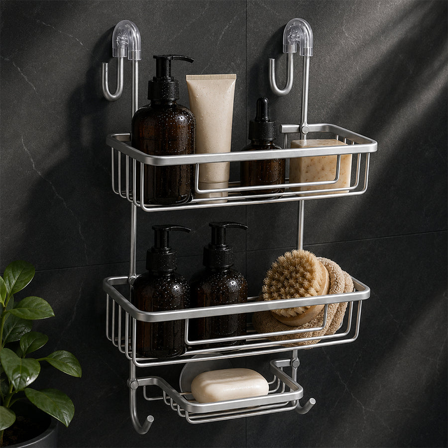 2-Tier Aluminium Hanging Shower Rack with Hooks & Suction Support
