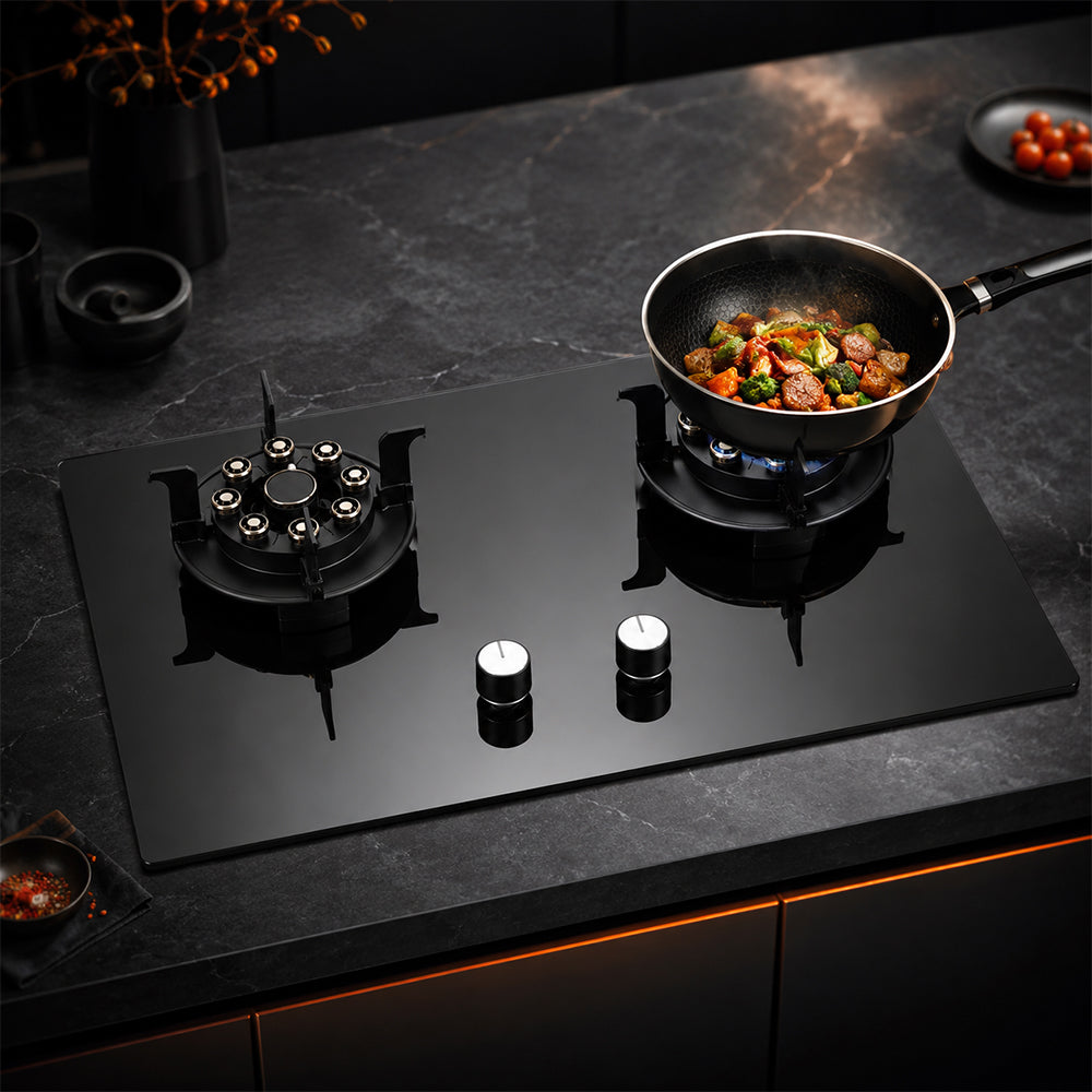 XMY 2-Burner Tempered Glass Built-In LPG Gas Hob - Black