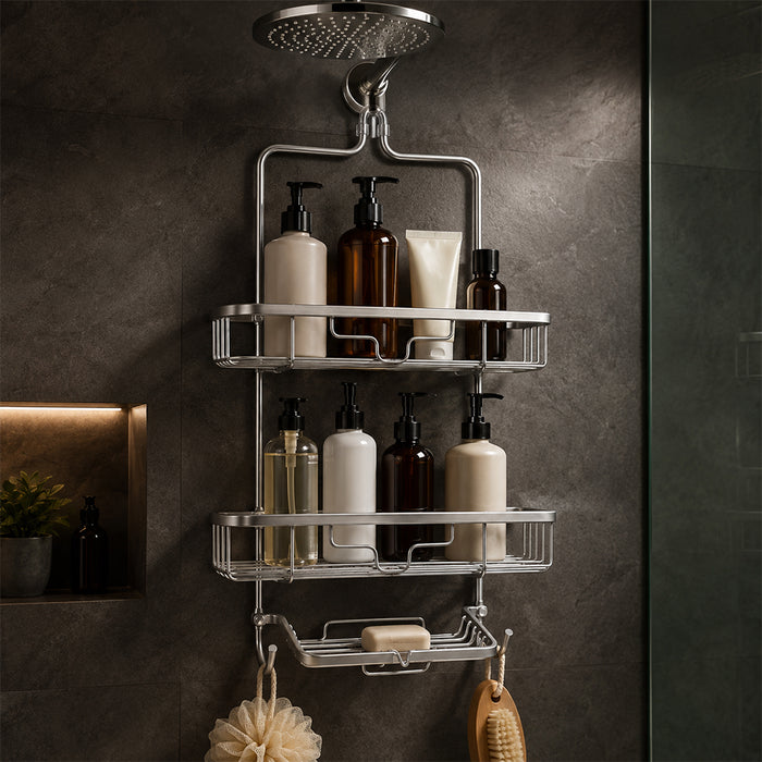 2-Tier Aluminium Hanging Shower Caddy with Soap Tray & Hooks - Silver
