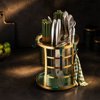 Round Cutlery and Knife Holder with Drain Tray - Gold & Green