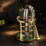 Round Cutlery and Knife Holder with Drain Tray - Gold & Green