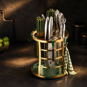 Round Cutlery and Knife Holder with Drain Tray - Gold & Green