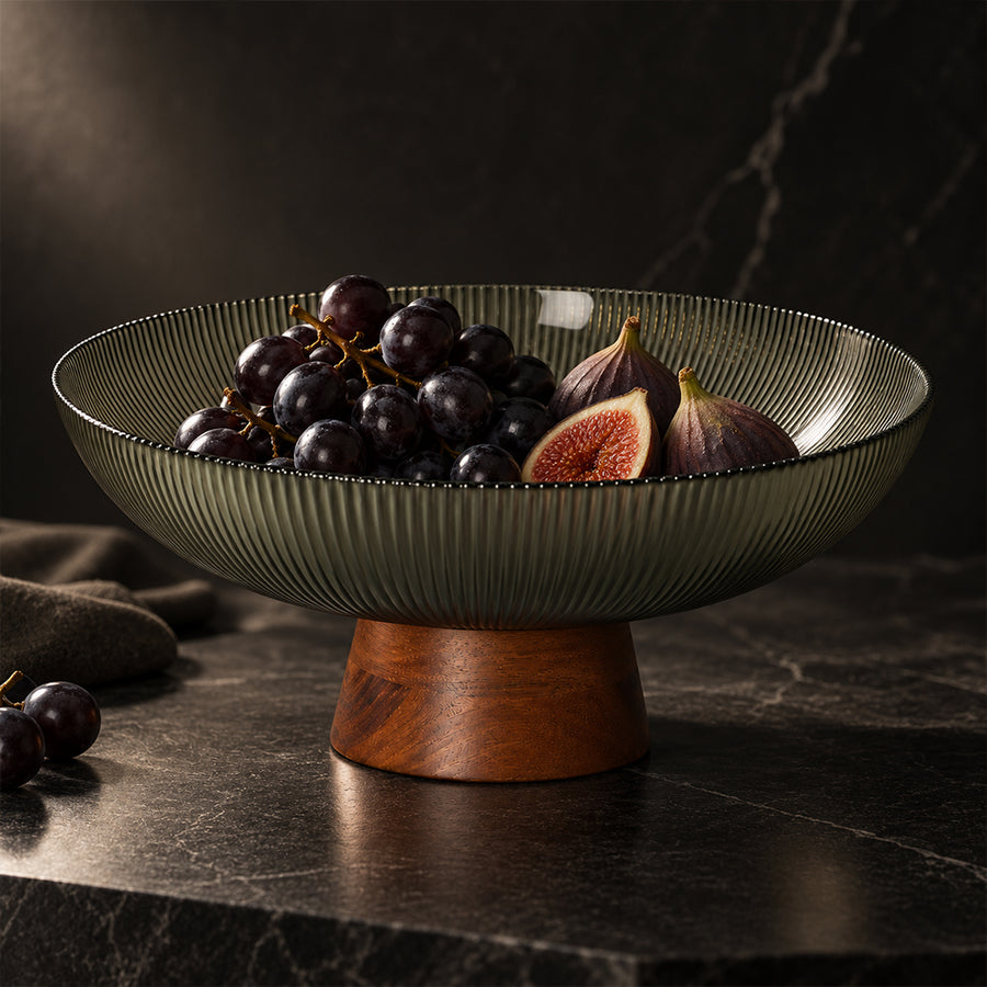 Glass Fruit Bowl with Wooden Pedestal - 25.5cm