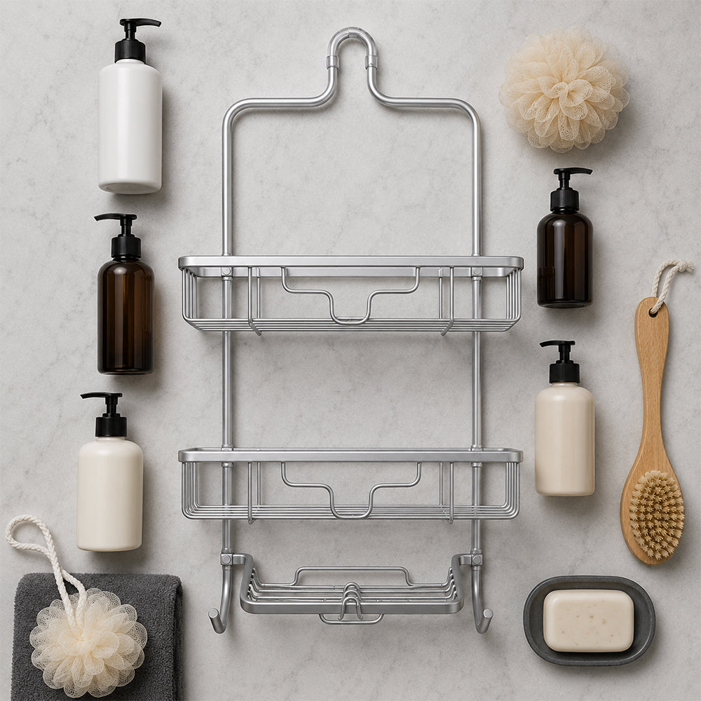 2-Tier Aluminium Hanging Shower Caddy with Soap Tray & Hooks - Silver