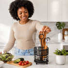 Steel Kitchen Utensil Holder with Mesh Drain Base for Cooking Tools - Black