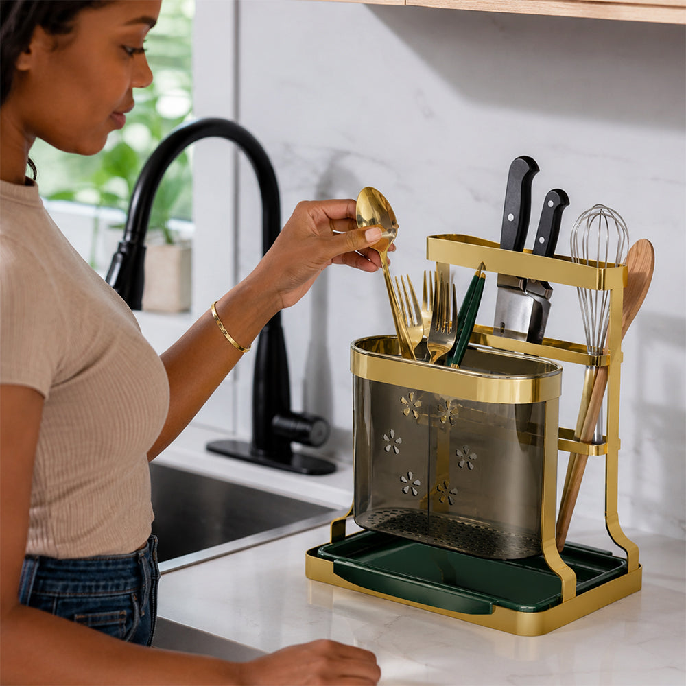 Gold Cutlery Holder with Drip Tray for Kitchen Counter