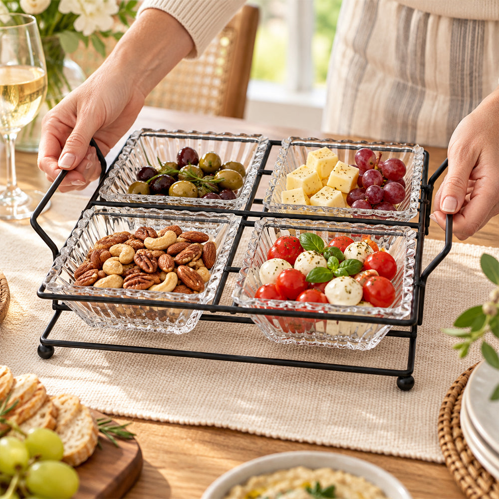 5-Piece Glass Serving Bowl Set with Metal Stand - 250ml
