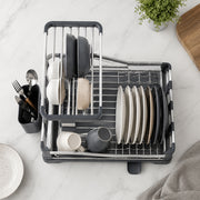 Aluminium 2-Tier Fold Flat Dish Drying Rack with Utensil Holder - Silver & Grey