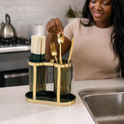 Twin Cup Cutlery and Utensil Holder with Drip Tray - Gold & Green