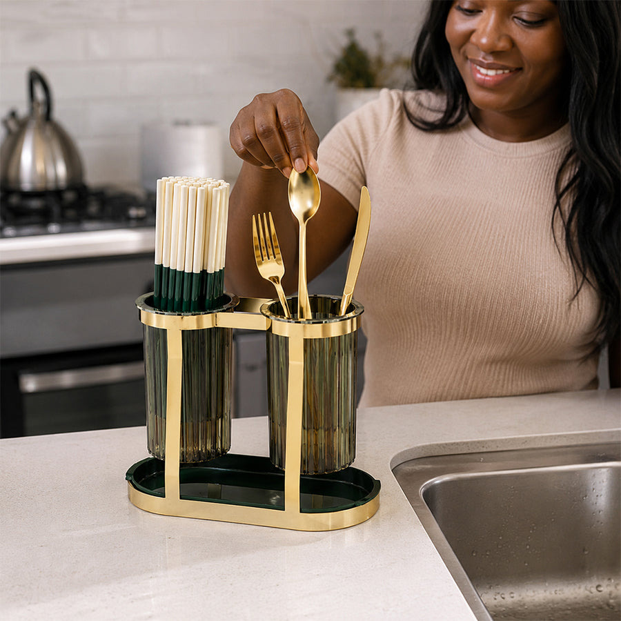 Twin Cup Cutlery and Utensil Holder with Drip Tray - Gold & Green