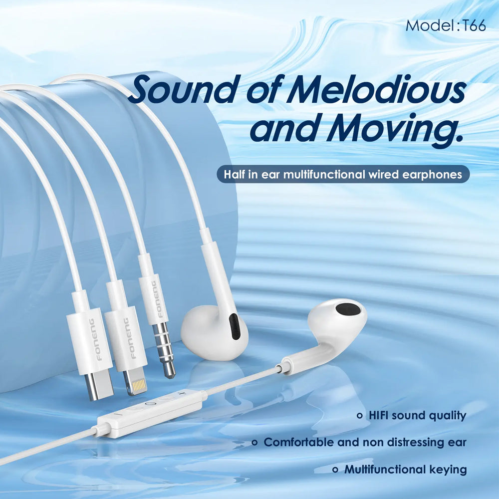 FONENG Half In-Ear Wired Earphones with Microphone – 3.5mm / Type-C / Lightning