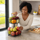 2-Tier Fruit Basket Stand with Wooden Carry Handle - Black