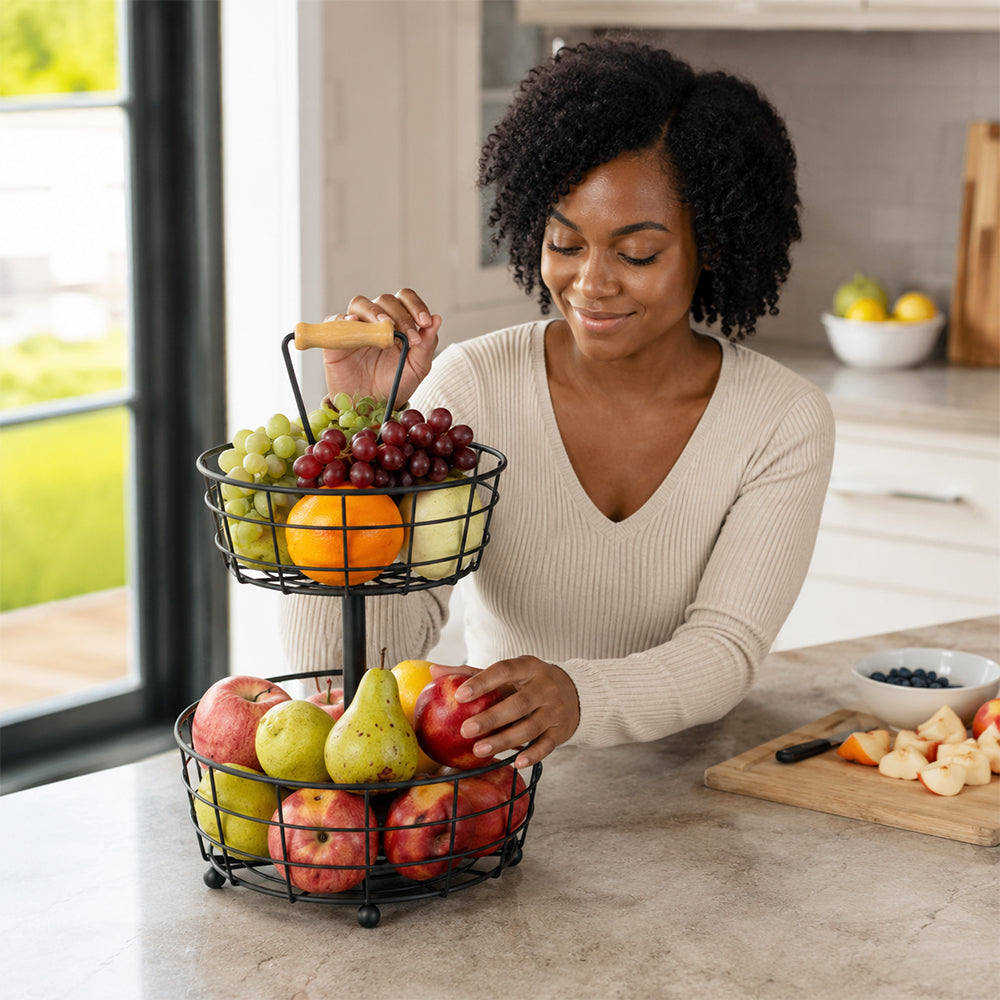 2-Tier Fruit Basket Stand with Wooden Carry Handle - Black