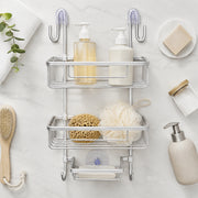 2-Tier Aluminium Hanging Shower Rack with Hooks & Suction Support
