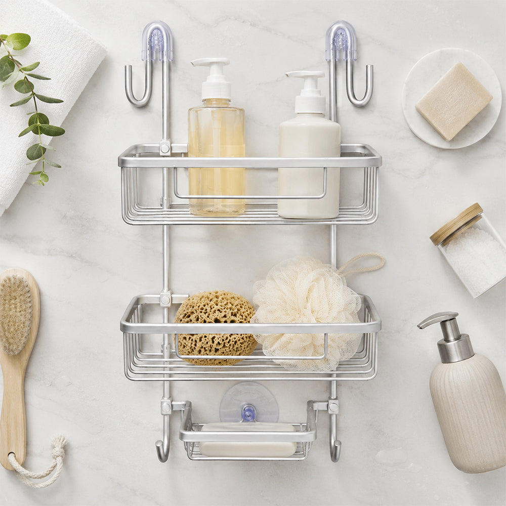 2-Tier Aluminium Hanging Shower Rack with Hooks & Suction Support
