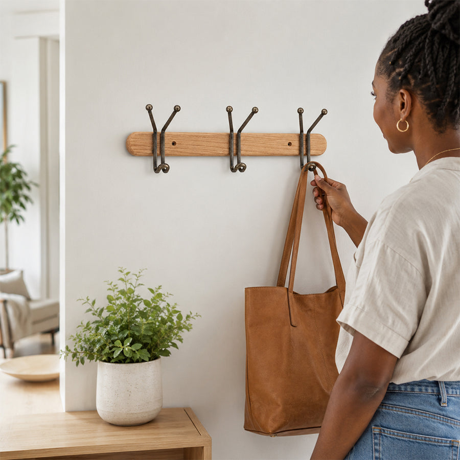 Wood & Iron 3-Hook Wall Coat Rack for Keys, Bags & Towels