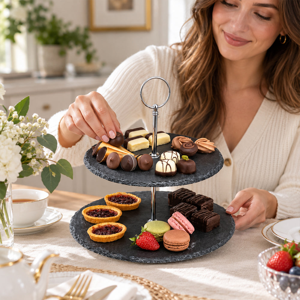 2-Tier Black Stoneware Cake & Dessert Stand - 25cm