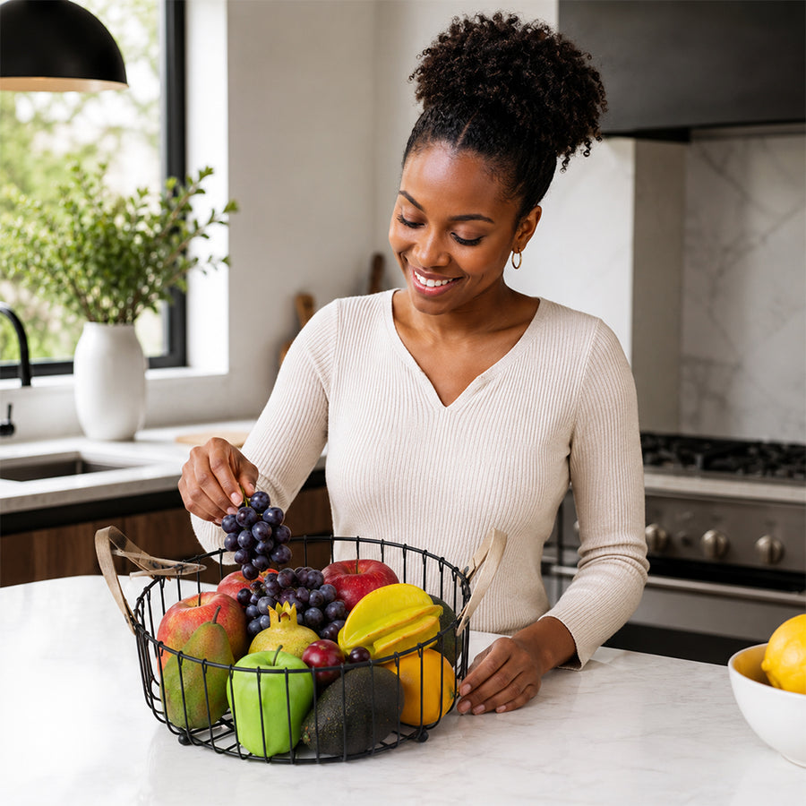 Round Metal Fruit Basket with Wooden Handles - Black