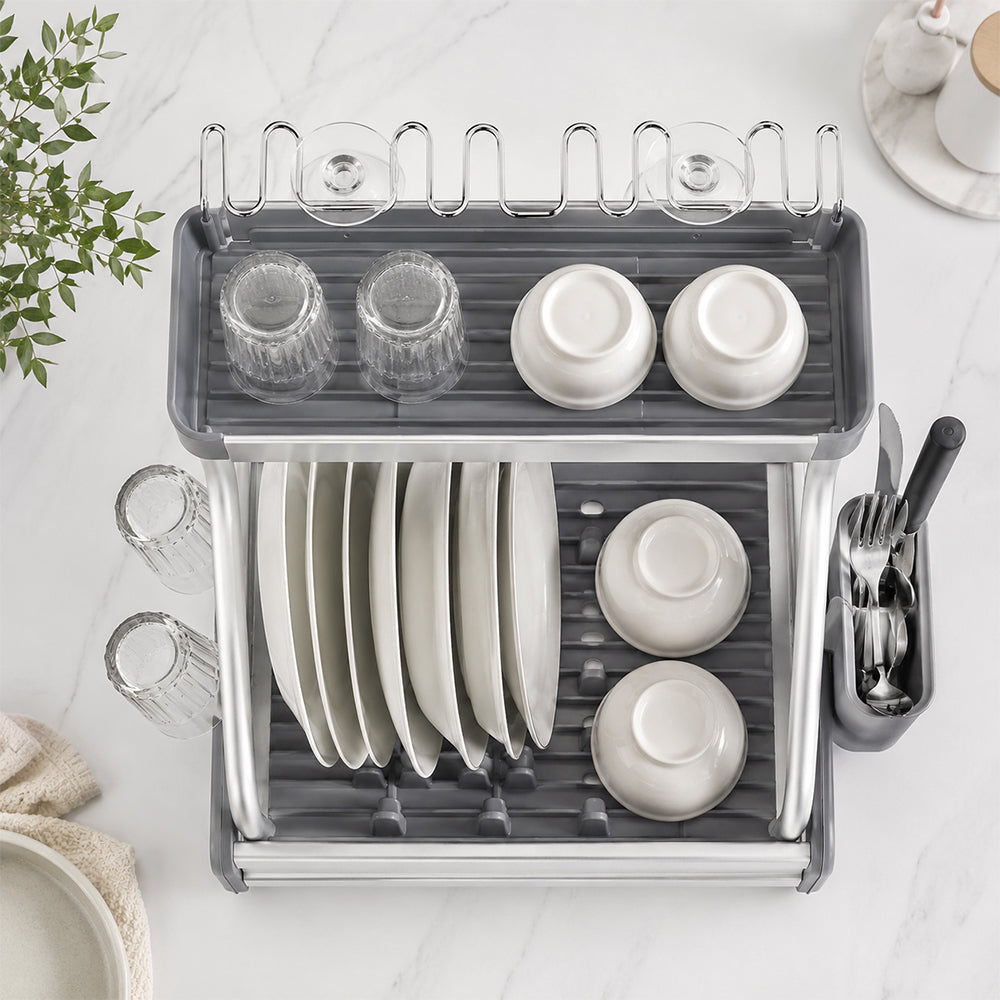 Aluminium 2-Tier Dish Drying Rack with Cup & Cutlery Holders