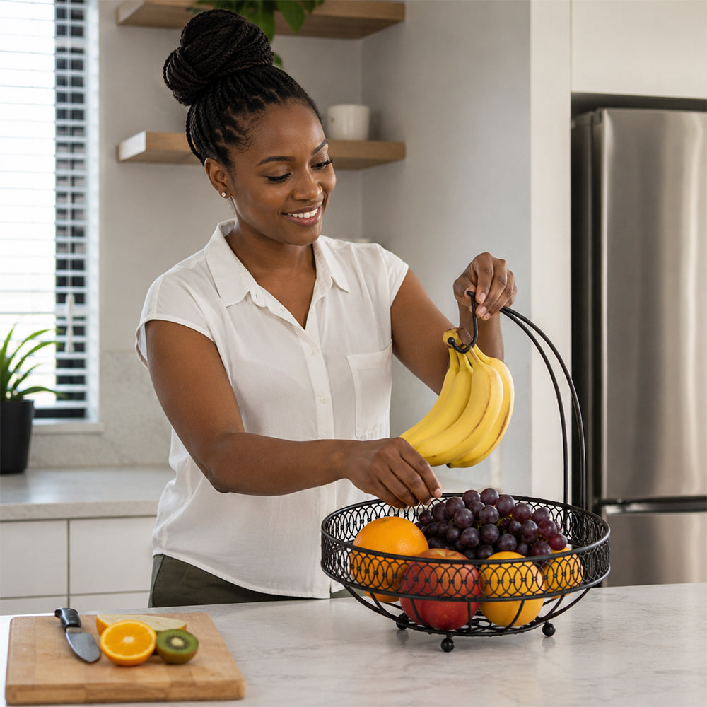 Countertop Fruit Basket with Banana Hanger - Black