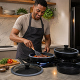 6-Piece Speckled Non-Stick Frying Pan Set with Glass Lids - Black & Grey