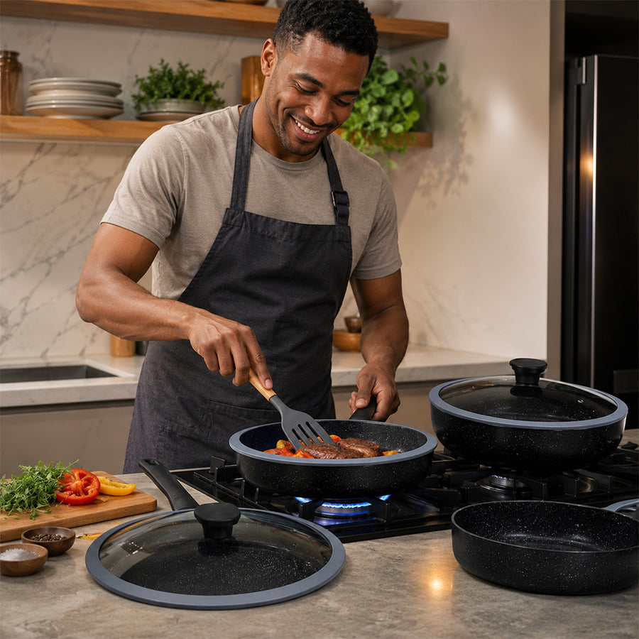 6-Piece Speckled Non-Stick Frying Pan Set with Glass Lids - Black & Grey