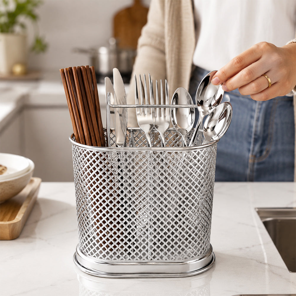 Silver Steel Cutlery Holder with Drain Holes for Spoons, Forks & Chopsticks