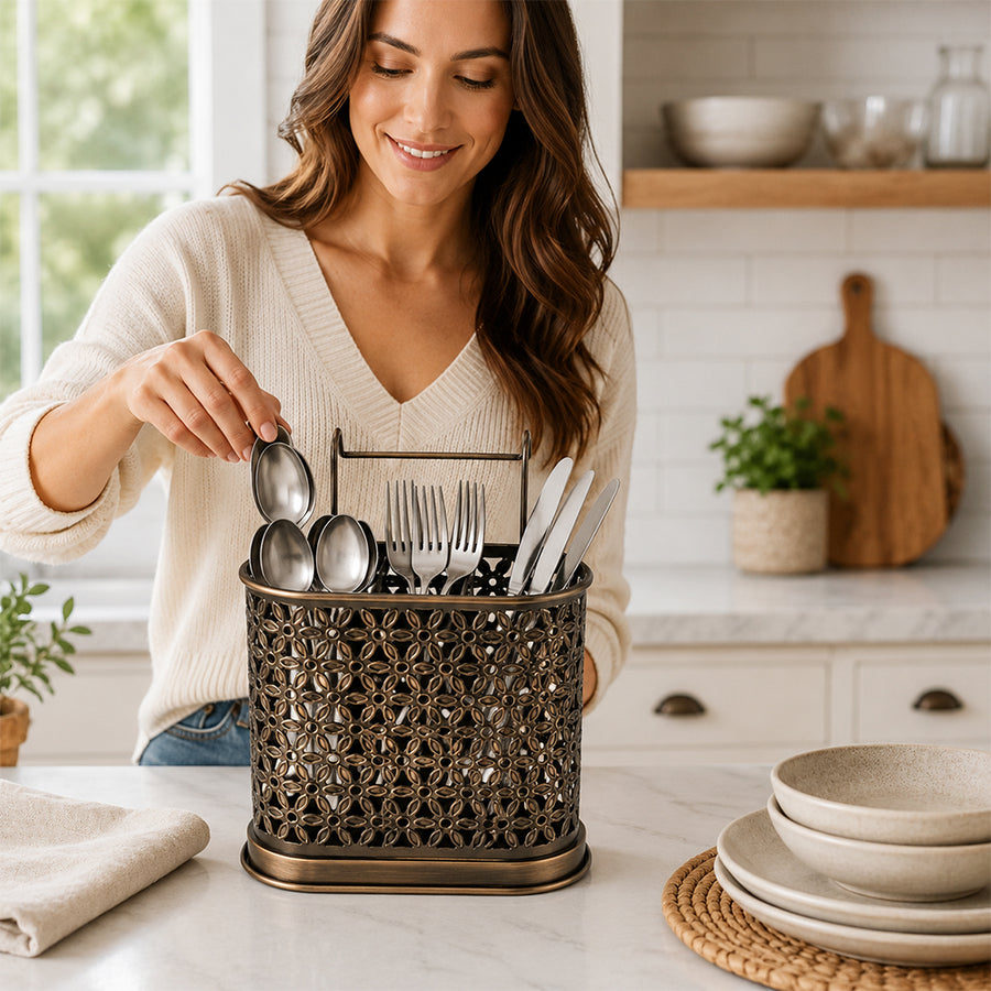Decorative Steel Cutlery Holder with Handle - Bronze Kitchen Utensil Organizer