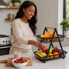 2-Tier Countertop Fruit Basket with Wooden Handle – Black Metal Kitchen Storage Rack
