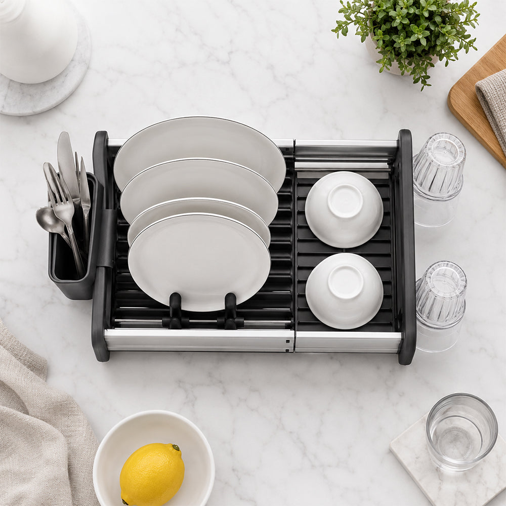 Extendable Stainless Steel Dish Drying Rack with Cup & Cutlery Holders