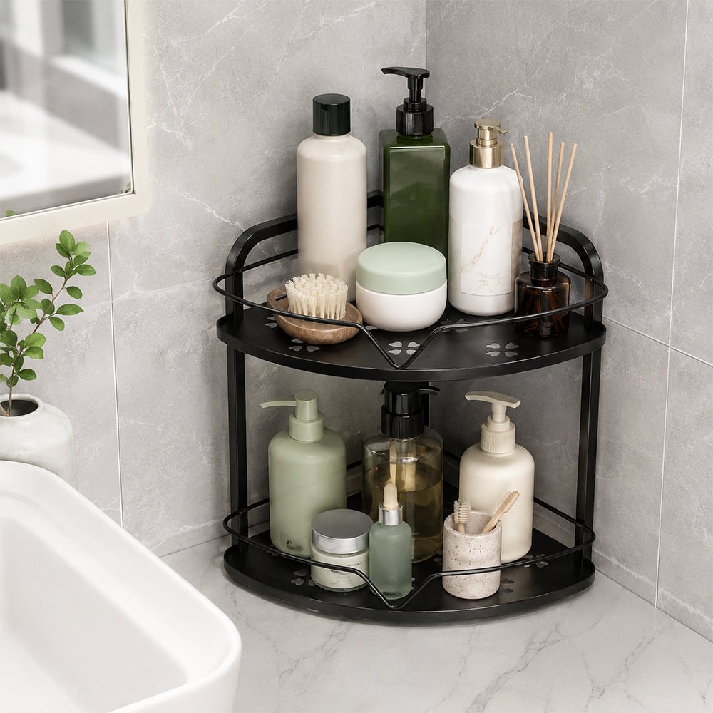 2-Tier Iron Corner Storage Rack Bathroom & Kitchen Organiser - Black