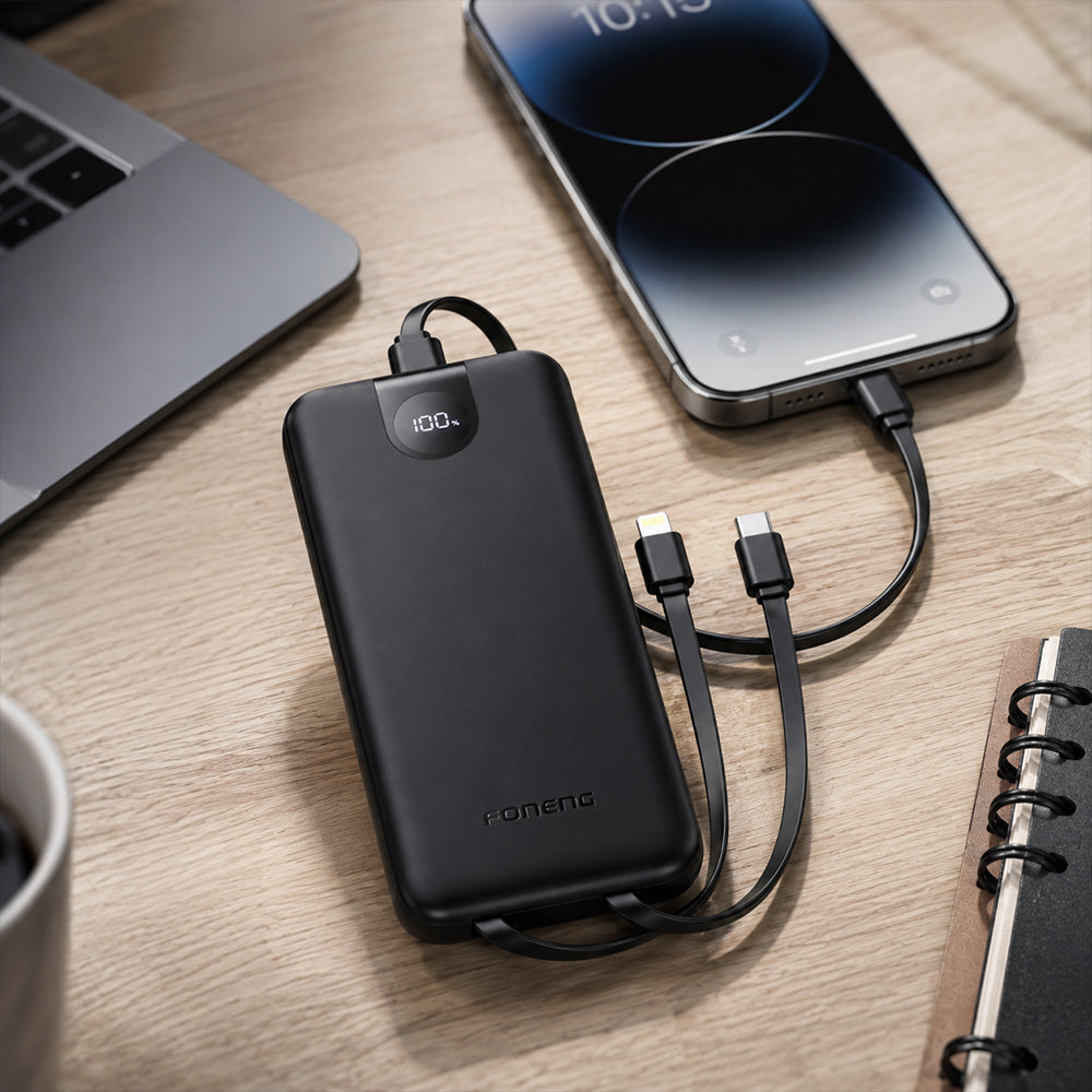 FONENG 10000mAh 22.5W Fast Charging Power Bank with 3 Built-In Cables