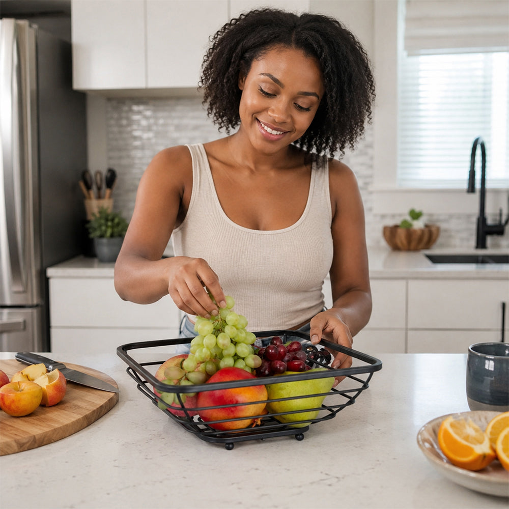 Rectangular Metal Fruit Basket for Kitchen Countertop - Black