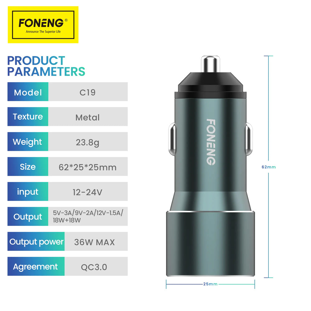 FONENG 36W Dual USB-A QC3.0 Fast Car Charger