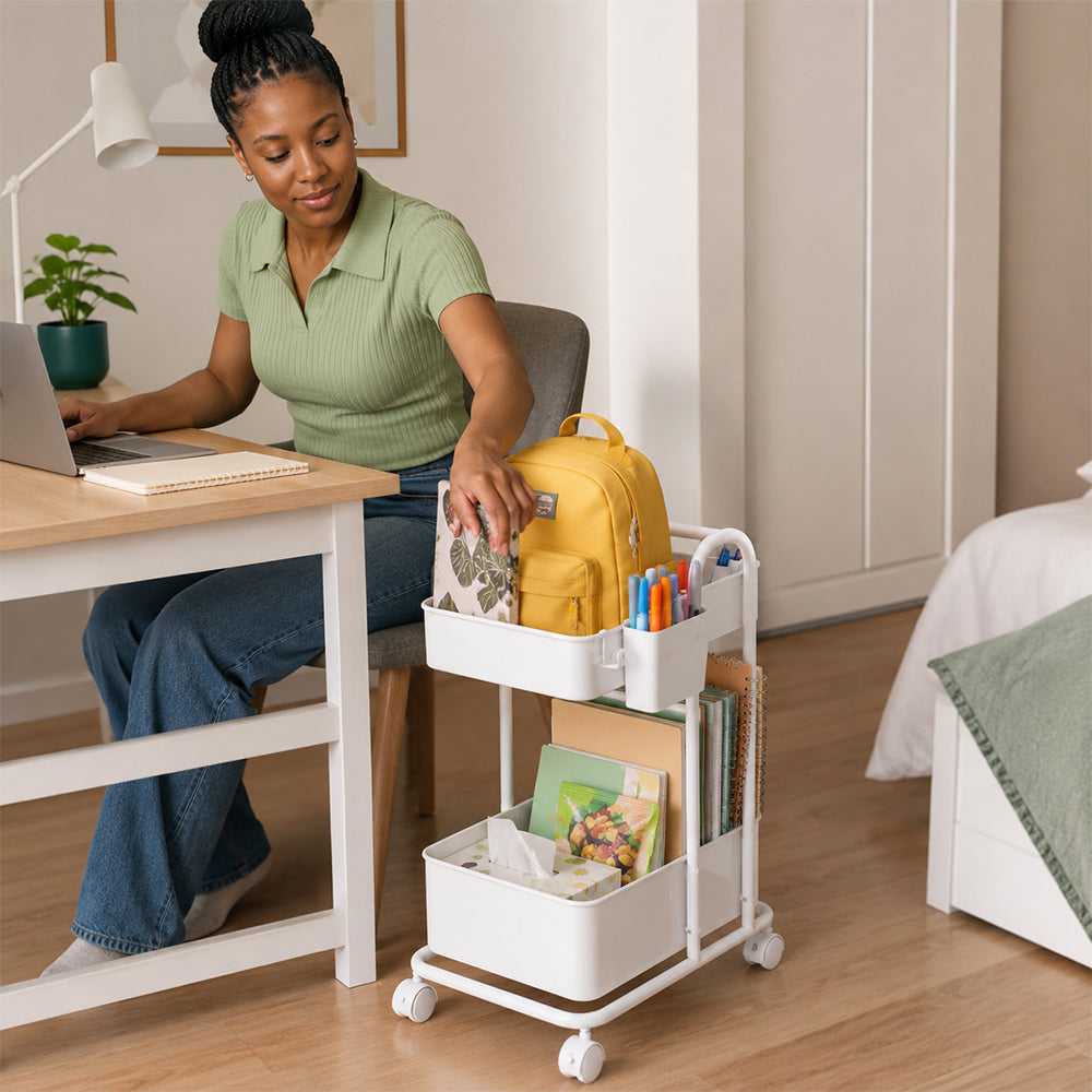 2-Tier Rolling Storage Trolley with Side Holder - White