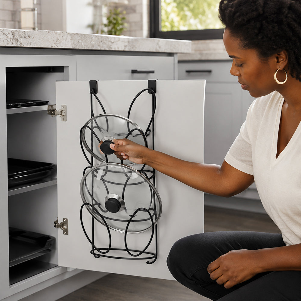Over-Cabinet Pot Lid Holder Rack for Kitchen Cabinet Door - Black