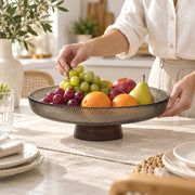 Ribbed Glass Fruit Plate with Wooden Pedestal - 25.5cm