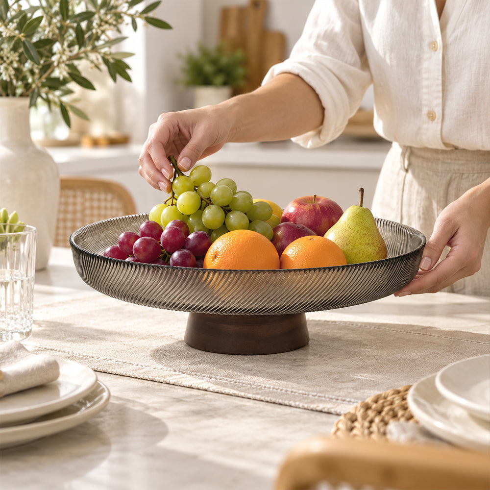 Ribbed Glass Fruit Plate with Wooden Pedestal - 25.5cm