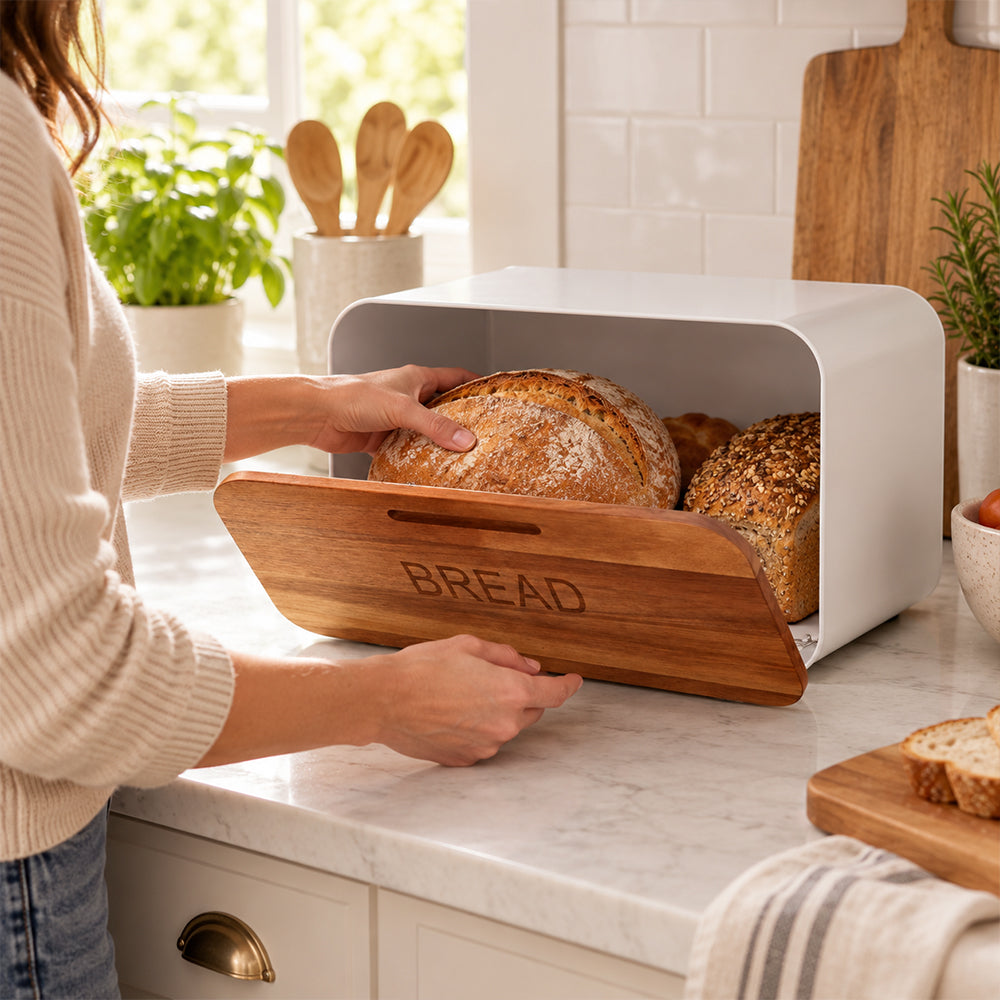 Stainless Steel Bread Bin with Wooden Lid 35.4cm