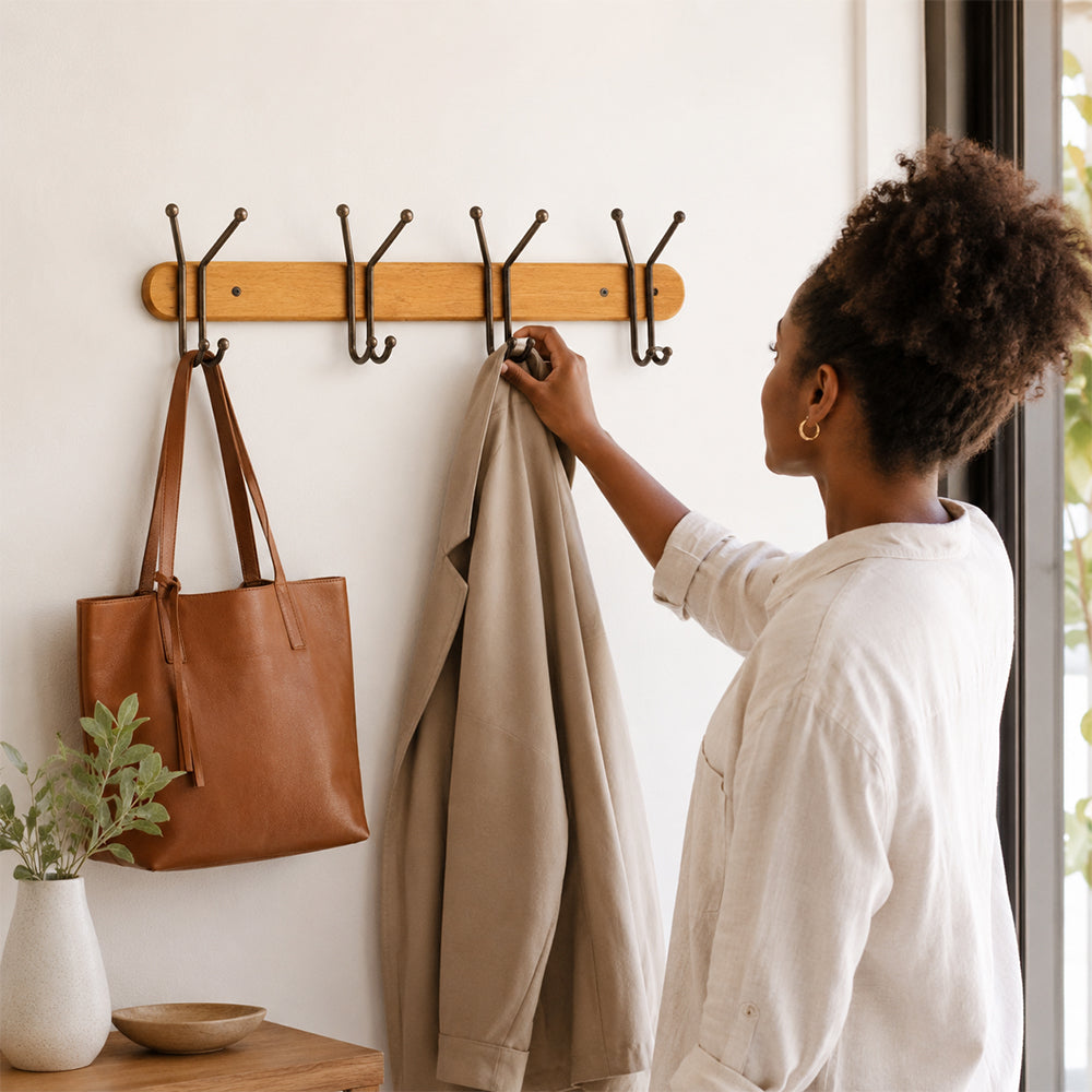 Wood & Iron 4-Hook Wall Coat Rack for Keys, Bags & Towels