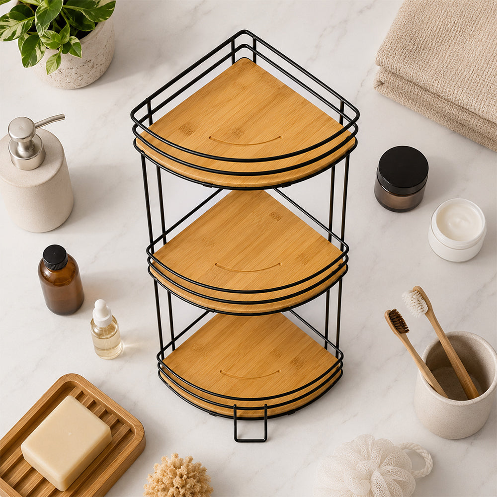 Bamboo & Metal 3-Tier Corner Shelf Organizer - Black & Natural