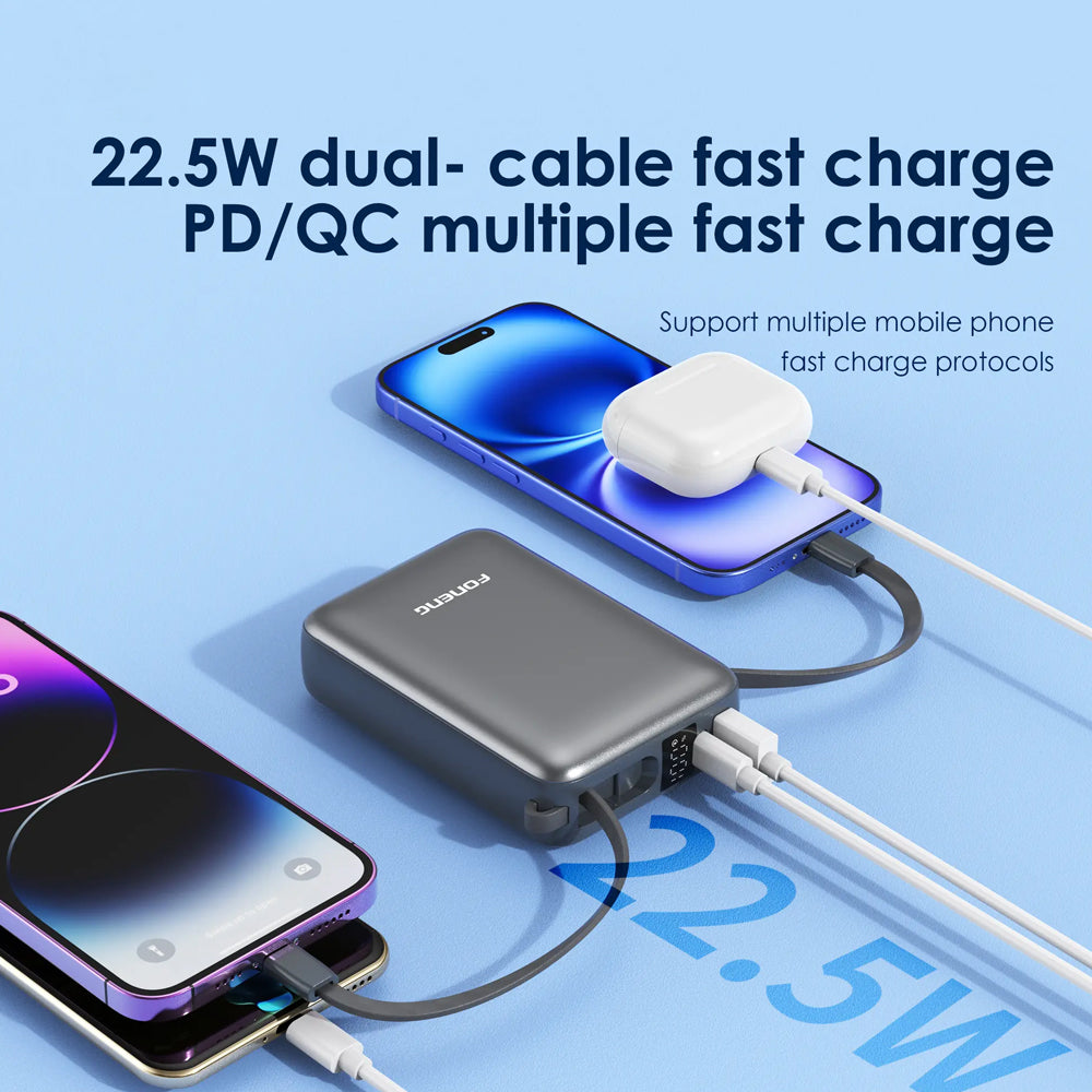 FONENG 10000mAh 22.5W Mini Fast Charging Power Bank with 2 Built-In Cables