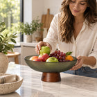 Glass Fruit Bowl with Wooden Pedestal - 25.5cm